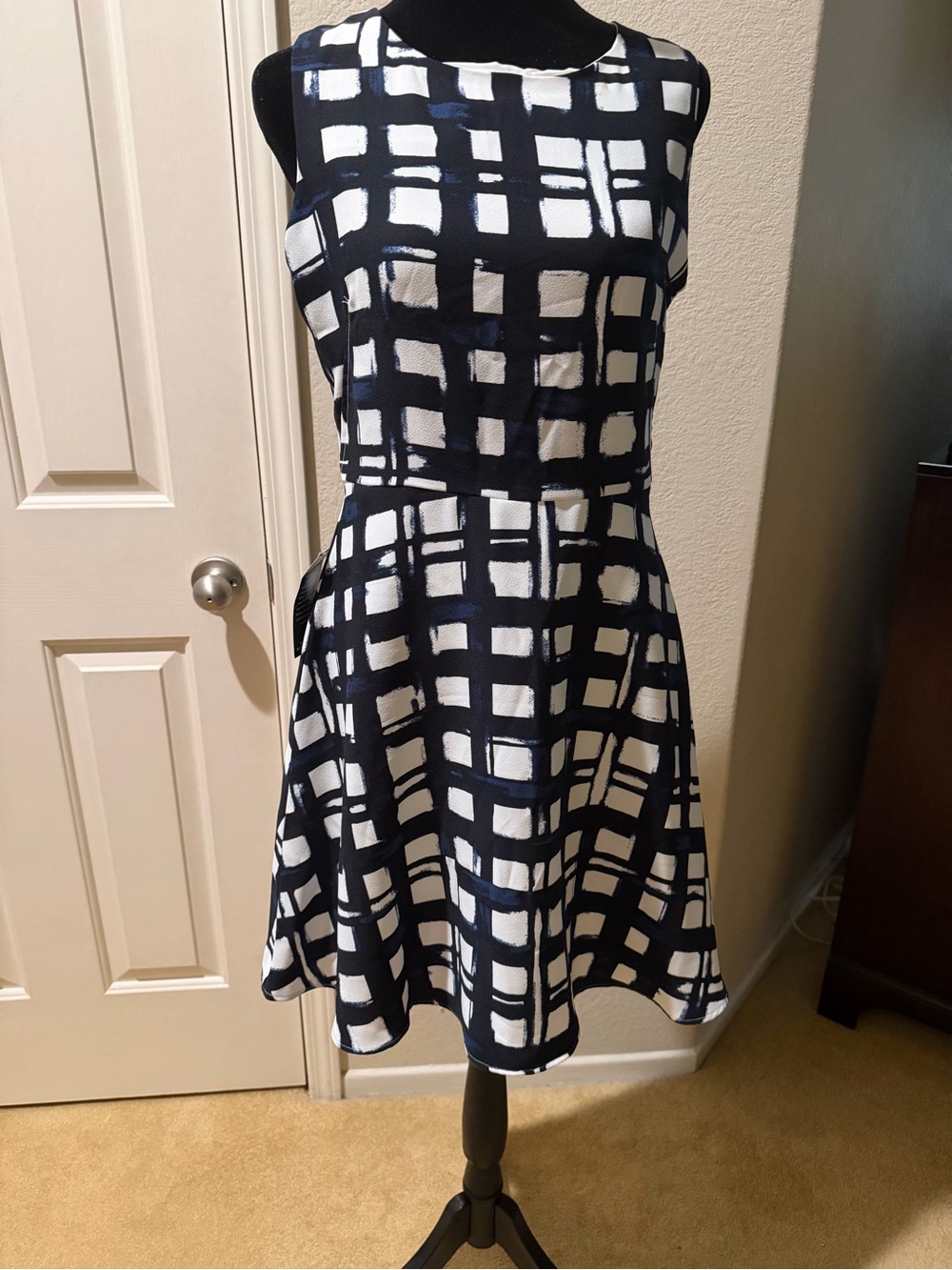 The Limited Navy and White Grid-Print Fit & Flare Midi Dress